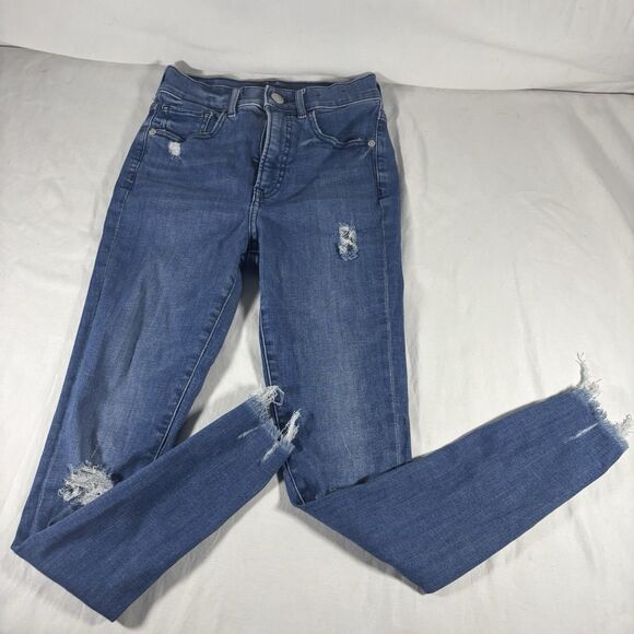 Express Denim - Express Skinny High Rise Jeans Size 00R Distressed Ripped Blue